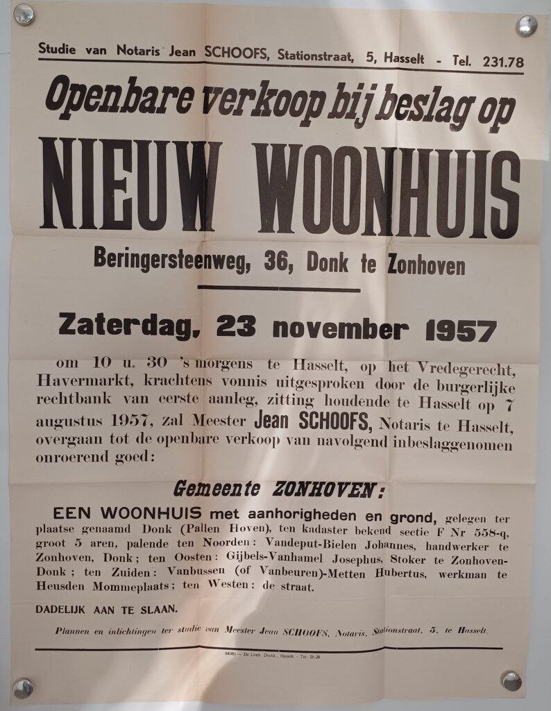 Originele notaris affiche  1957 Woonhuis Zonhove, Ophalen of Verzenden