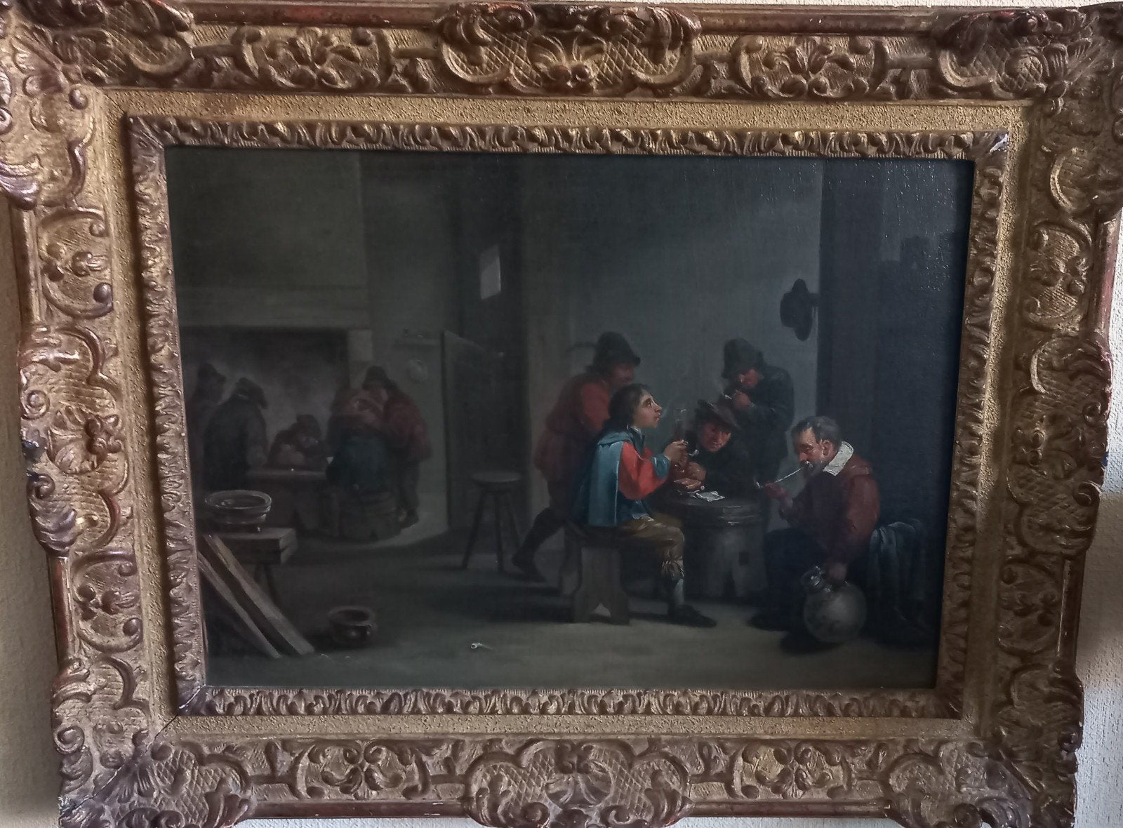 Herbergtafreel Kaartspelende Boeren 19e eeuw ., Ophalen of Verzenden, Olieverf, Doek