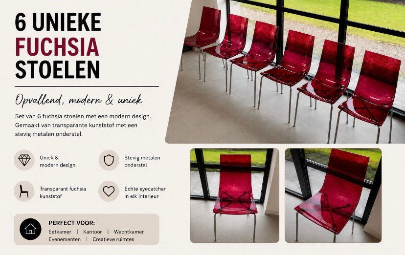 6 unieke fuchsia stoelen te koop, Ophalen, Kunststof, Gebruikt, Overige kleuren