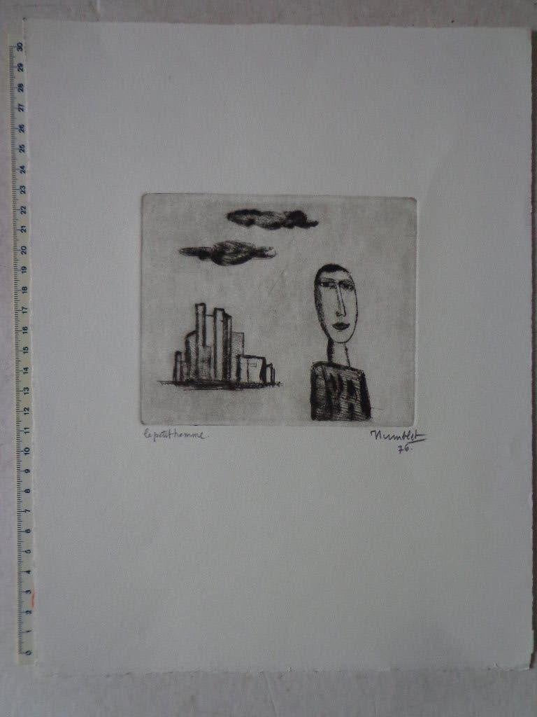 Typische ets van Theo Humblet "le petit homme" uit 1976, Antiek en Kunst, Stadsgezicht, Ophalen of Verzenden, Gesigneerd, 1950 - 1999