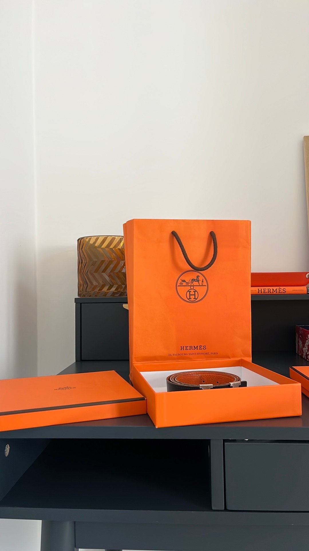 Ceinture Hermès originale réversible orange et noire, Cuir véritable, Enlèvement, Porté, Ceinture