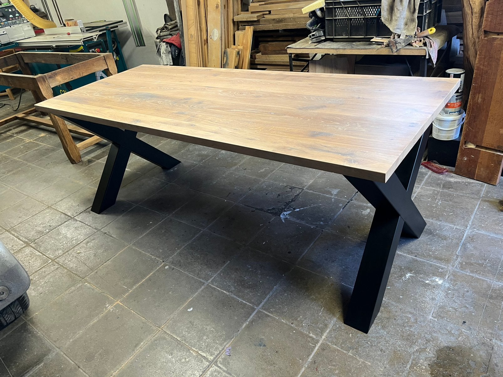 Table chene massif et pieds acier, Enlèvement, Comme neuf, Chêne