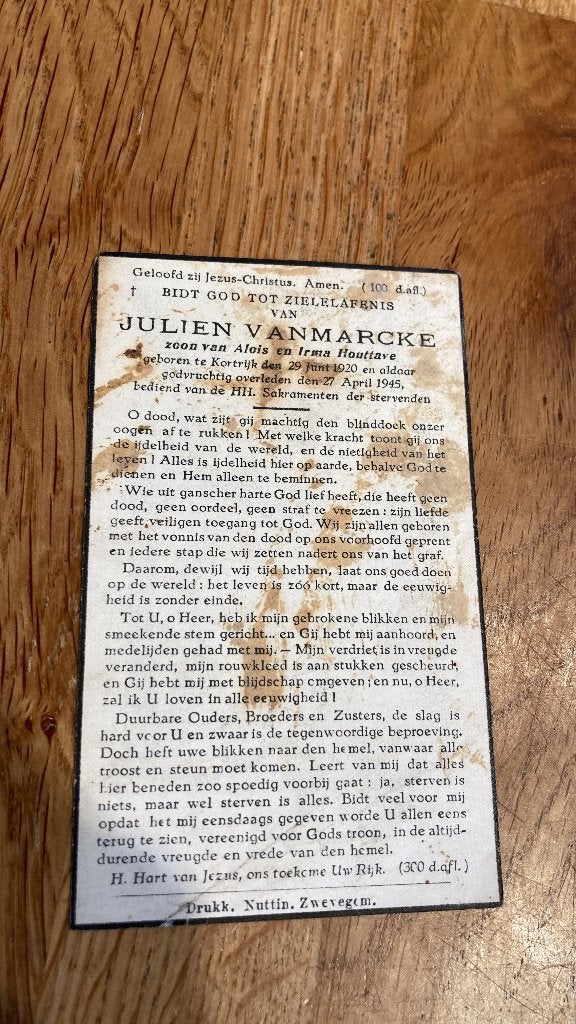 Oorlogsslachtoffer 1945, Julien Vanmarcke, Houttave, Verzenden, Bidprentje