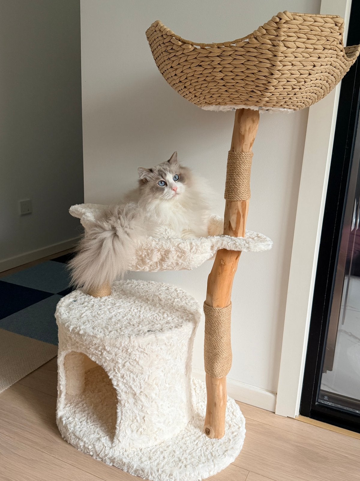 Natuurlijke Houten Krabpaal 102cm Luxe Kattenboom met Hangma, Ophalen of Verzenden, Zo goed als nieuw, Krabpaal