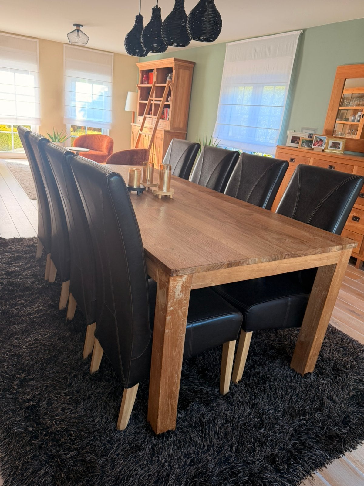 Teakhouten eettafel 220  100 cm + 8 lederen stoelen, Huis en Inrichting, Ophalen, Zo goed als nieuw