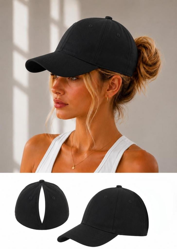 Zwarte pet voor dames van 100% katoen met paardenstaart, Kleding | Dames, Hoeden en Petten, Sans marque, Nieuw, Pet, One size fits all