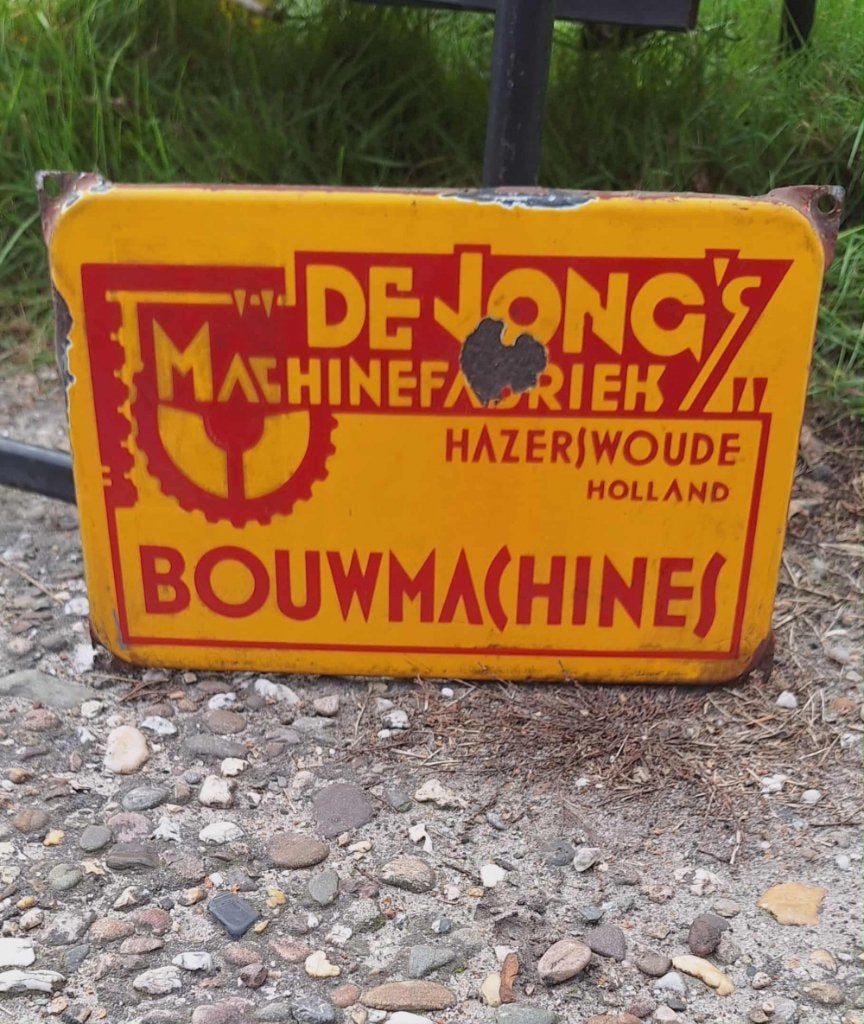 Geleefd emaille reclamebord De Jong's Machinefabriek., Ophalen of Verzenden