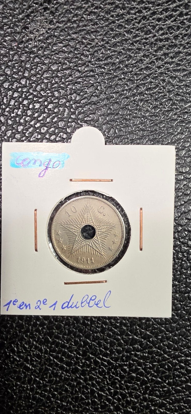 Belgisch congo 10 centiem 1911  ( de 1 en 2)  1 is  dubbel, Postzegels en Munten, Ophalen of Verzenden