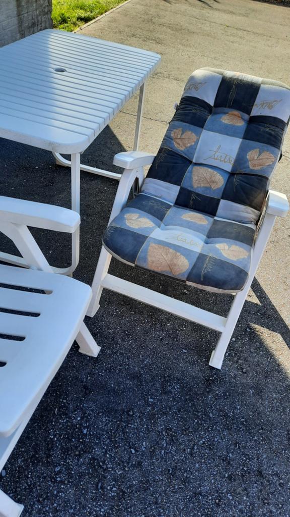 6 verstelbaar tuinstoelen met kussen +tafel 12/64/73H, Caravans en Kamperen, Ophalen