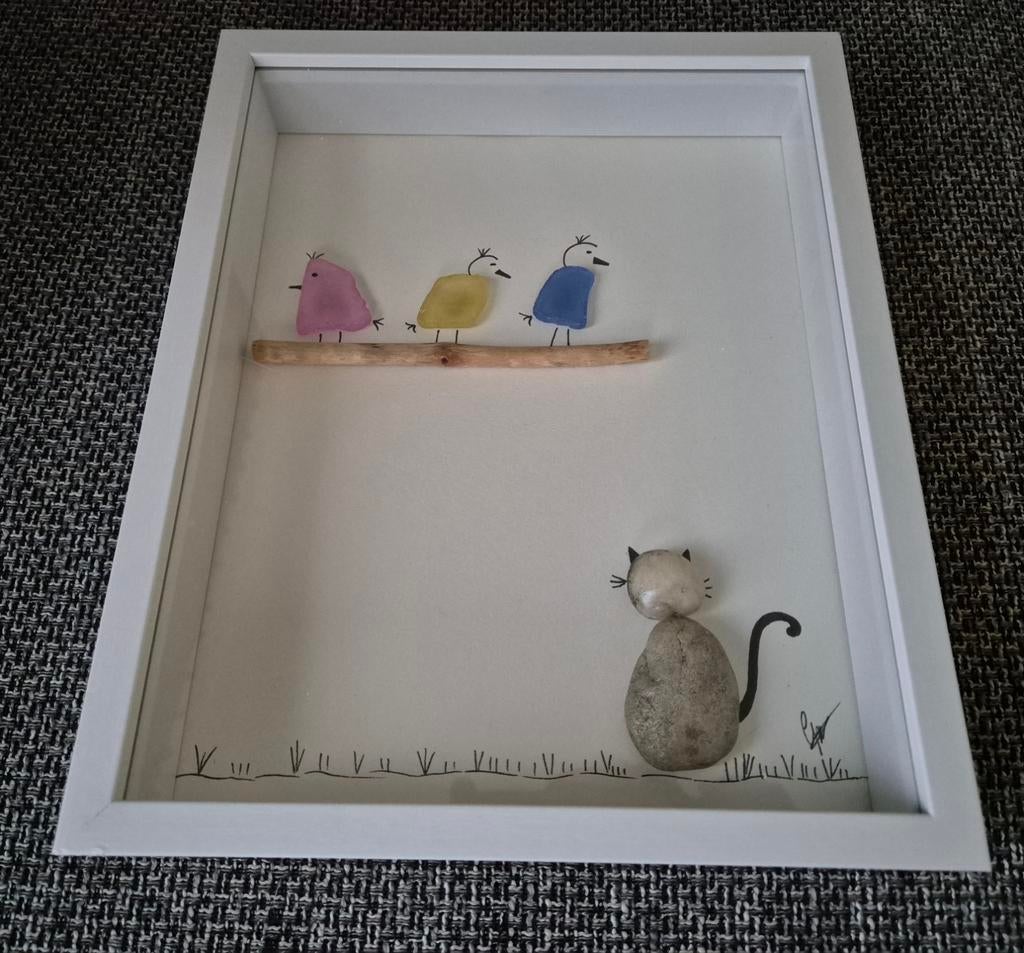 Seaglass & stone art cat & birds - kunstwerkje kat en vogels, Enlèvement ou Envoi