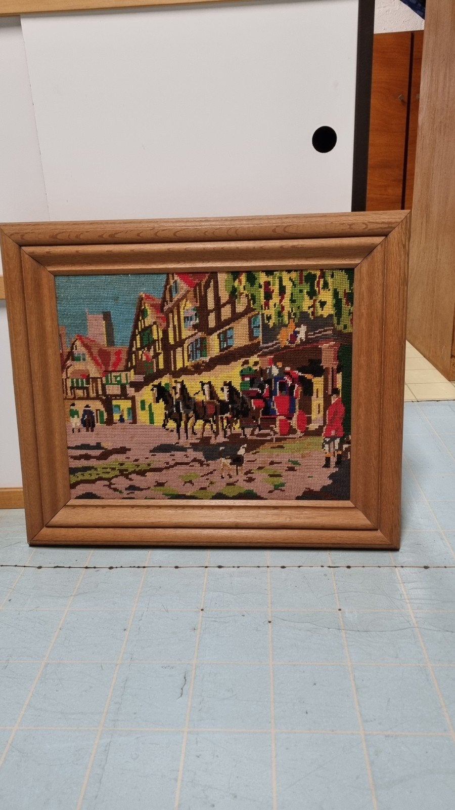 tapisserie  d'époque  avec cadre en chêne massif artisanal, Enlèvement