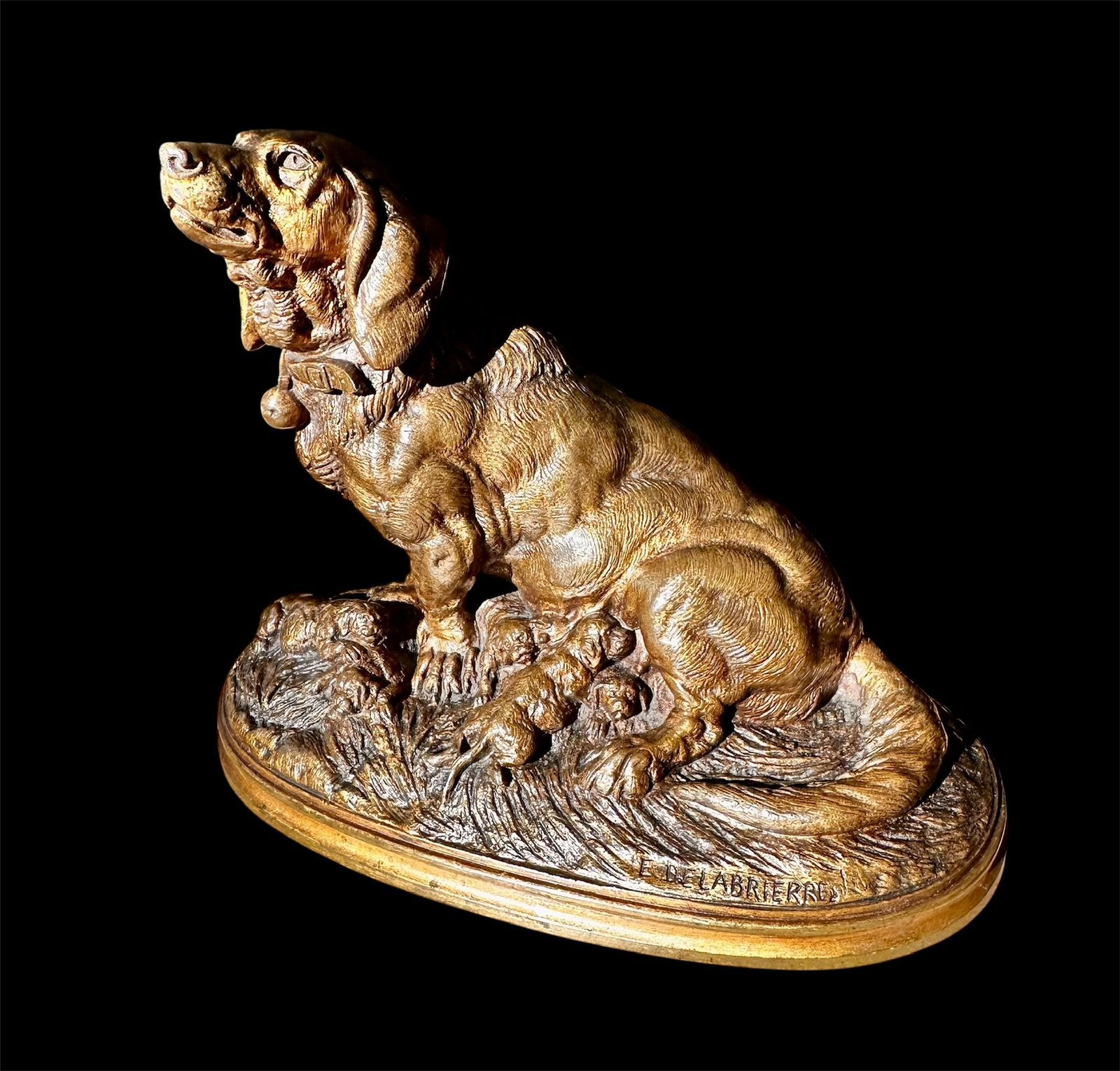 Originele Antiek bronzen teckel en puppy’s /E.Delabriérre, Ophalen of Verzenden, Brons