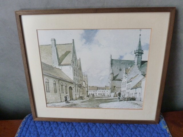 Estampe d'art de Herman Verbaere, pittoresque village DAMME., Enlèvement ou Envoi, Encadré, Paysage urbain / rural