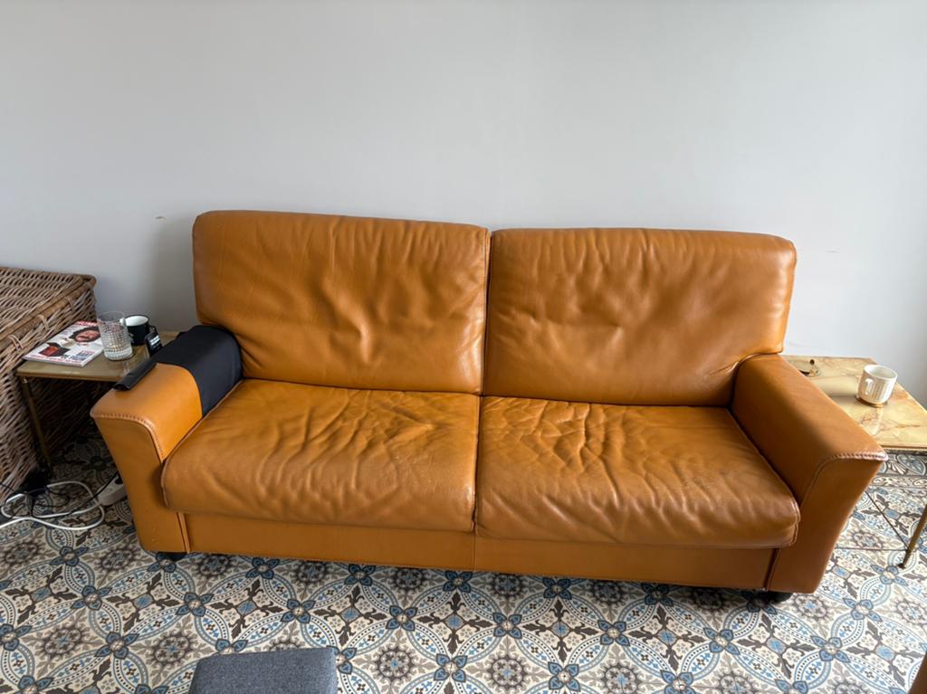 Bruine leren tweezit - gratis, Ophalen, Gebruikt, 150 tot 200 cm, Tweepersoons