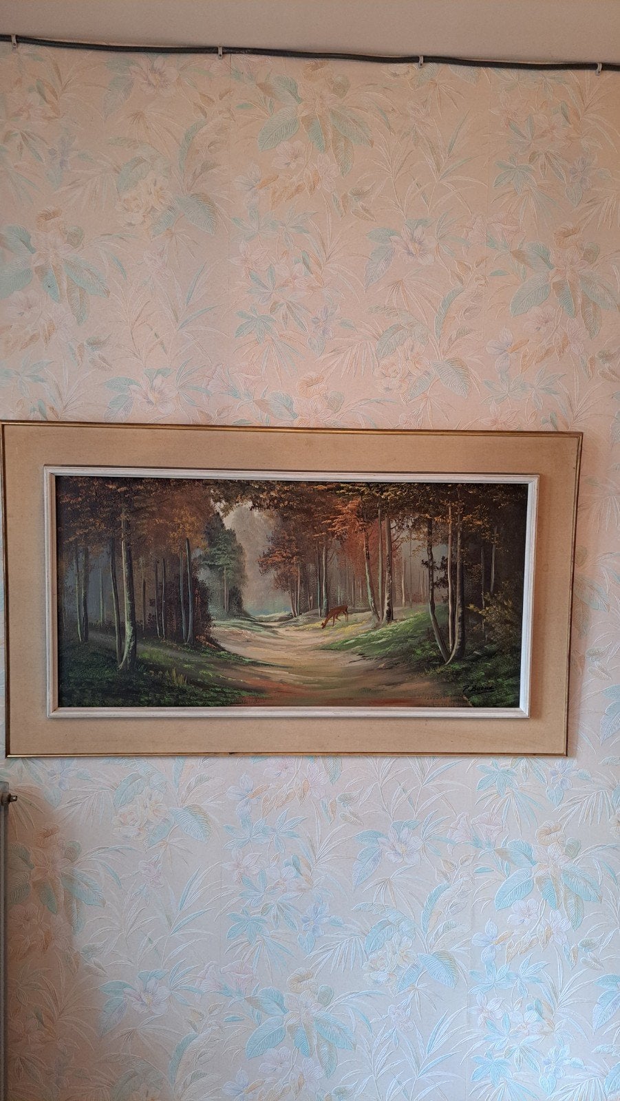 Grand tableau vintage de sous-bois avec cerf - Signé P. Boo, Antiquités & Art, Enlèvement, Vintage, Signé, Paysage