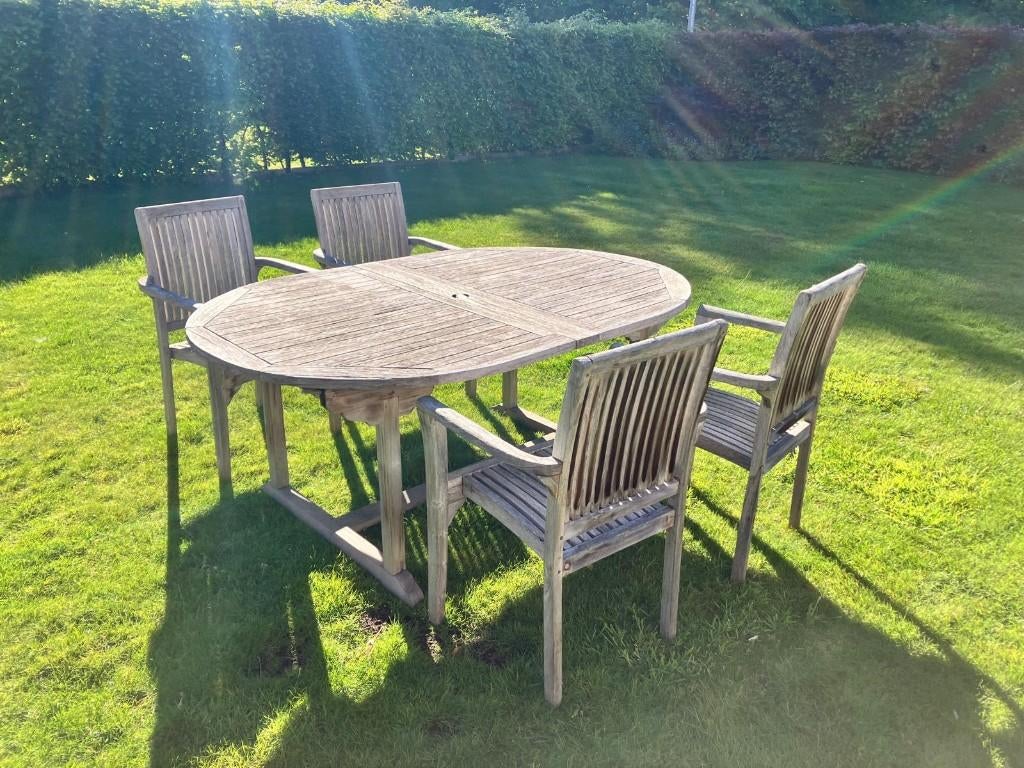 Tuintafel + 4 stoelen, Jardin & Terrasse, Tables de jardin, Enlèvement, Utilisé, Ovale, Bois de teck