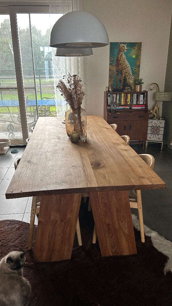 Riante houten tafel teak 8 personen, Ophalen, Gebruikt, 100 tot 150 cm, Teakhout