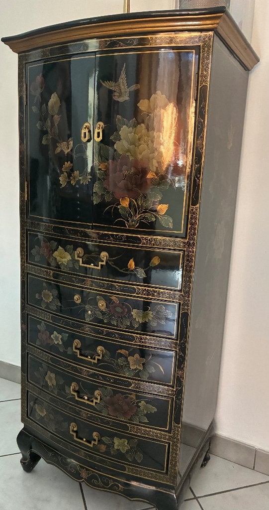 Magnifique Commode Haute Chinoise Vintage, Maison & Meubles, 25 à 50 cm, 5 tiroirs ou plus, Enlèvement, Utilisé