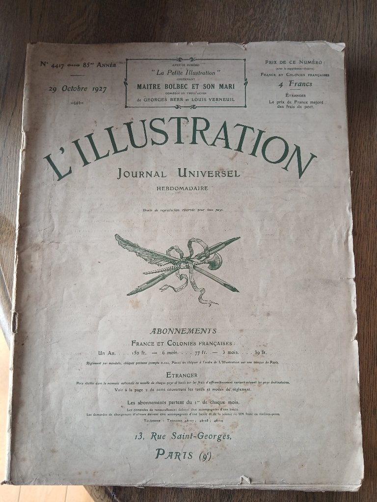 Journal L'Illustration (nr4417,85e jaargang) 29 oktober 1927, Verzamelen, Ophalen, 1920 tot 1940, Krant