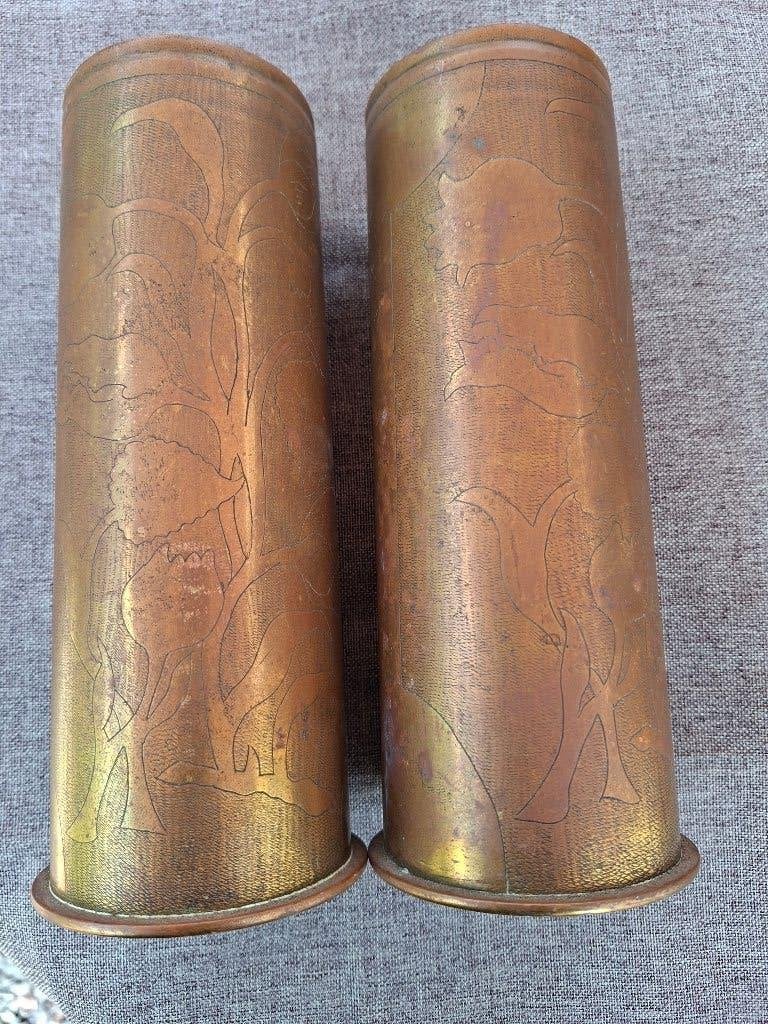 Paire douilles allemandes 77 mm 1909 WW1 Trench Art, Enlèvement ou Envoi, Armée de terre, Douilles ou Pièces de fouille