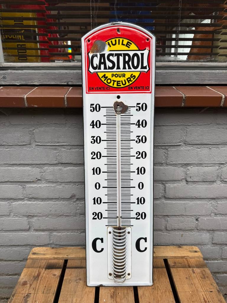 CASTROL oude emaille reclame thermometer, Verzamelen, Ophalen of Verzenden, Gebruikt, Reclamebord
