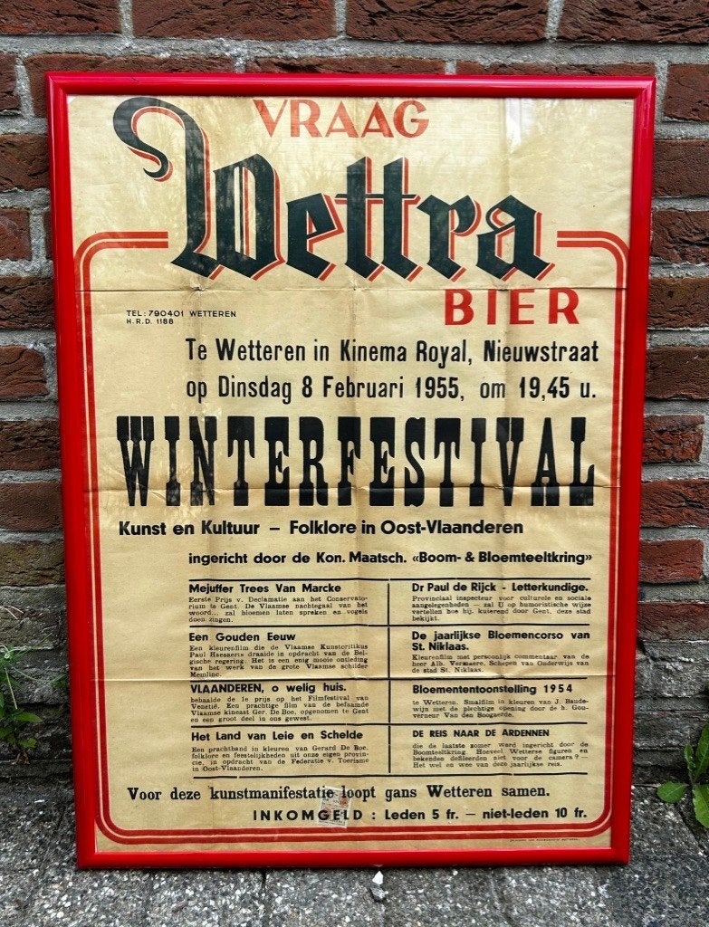 Affiche Bière Wettra, brasserie Liebaert, Wetteren 1955, Collections, Marques de bière, Enlèvement ou Envoi, Utilisé, Panneau, Plaque ou Plaquette publicitaire