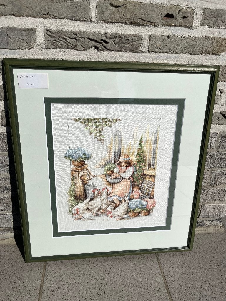 Ingelijst handwerk, meisje met kippen, Ophalen, 50 cm, Ingelijst werk, Zo goed als nieuw