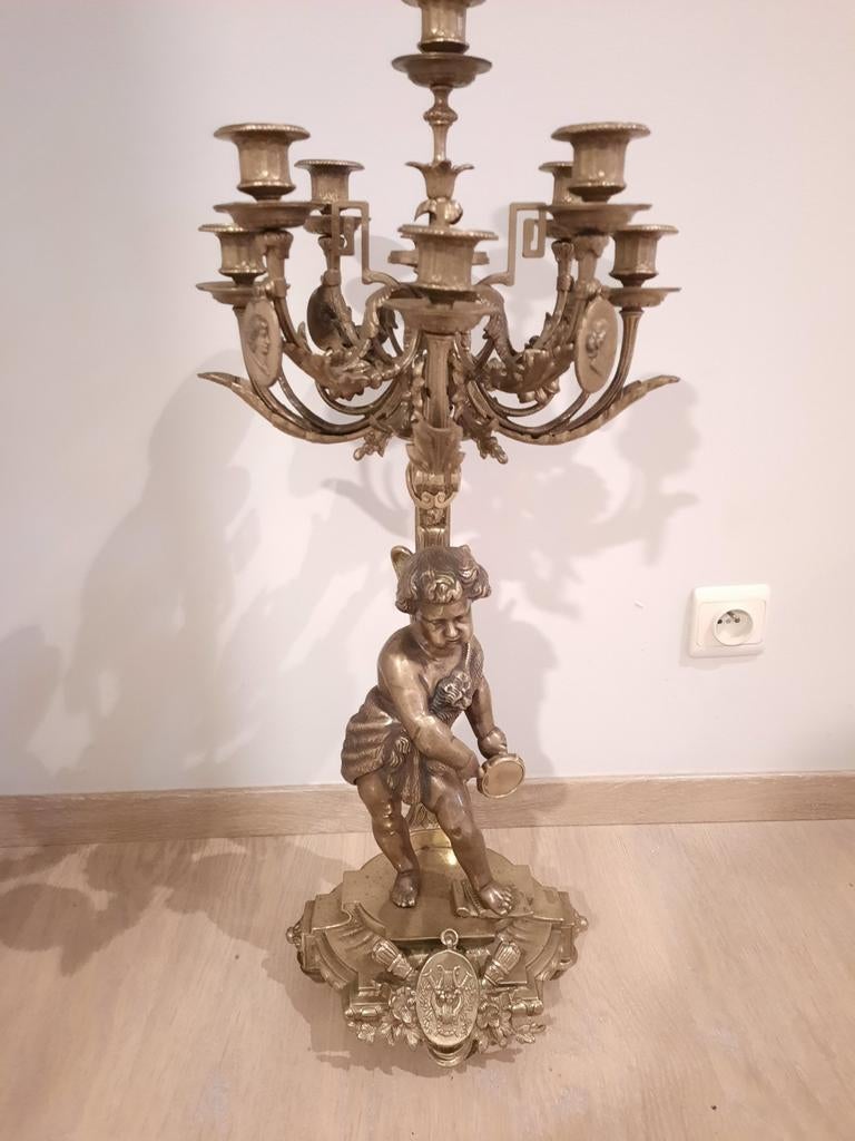 Antieke bronzen/messing kandelaar met engel - 77cm, Ophalen