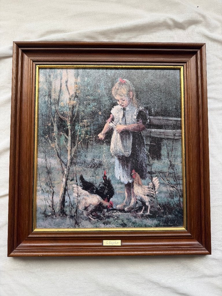 Peinture « Fille avec poulet » de Leon Engelen, Antiquités & Art, Enlèvement, Classique, Encadré, Animaux