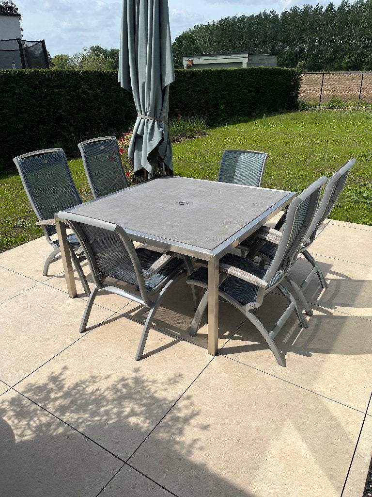 6 Hartman tuinstoelen met bijhorende kussens, Ophalen, Gebruikt, Aluminium, Verstelbaar