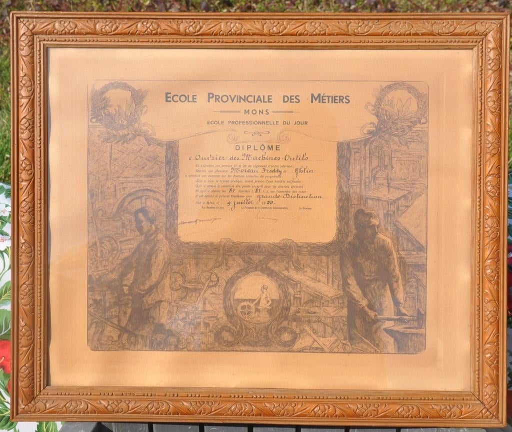 cadre tour bois diplome ecole des metiers mons 1950, Collections, Enlèvement ou Envoi, Utilisé