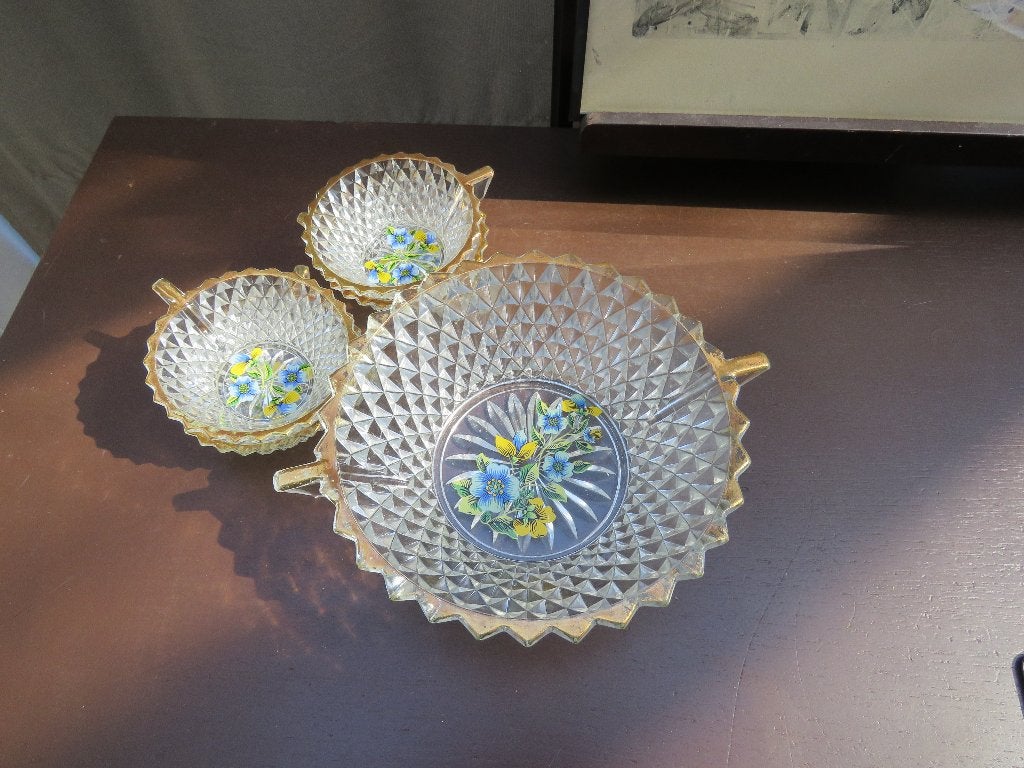 Franse punchbowl fruitschaal set Diamond Cut 1950s, Ophalen of Verzenden