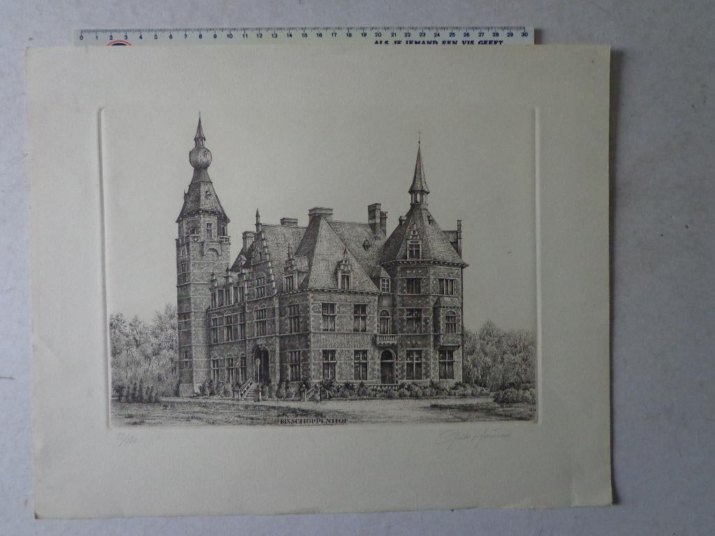 Fraaie ets van Guido Mariman "Bisschoppenhof" te Deurne, Antiek en Kunst, Origineel, Ophalen of Verzenden, Landschap, 1950 - 1999