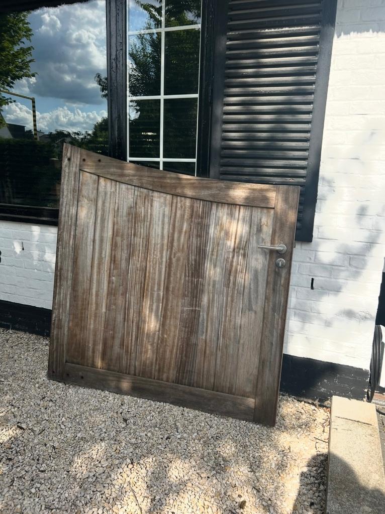 Padouk Tuinpoort - massief hardhout -  topstaat, Tuin en Terras, Tuinpoorten, Ophalen, Gebruikt, 150 tot 200 cm, Draaipoort