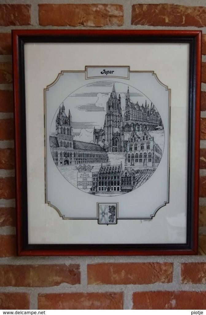 oude gravure van Ieper, kader, tekening, G. Swaenepoel, Antiquités & Art, Enlèvement ou Envoi