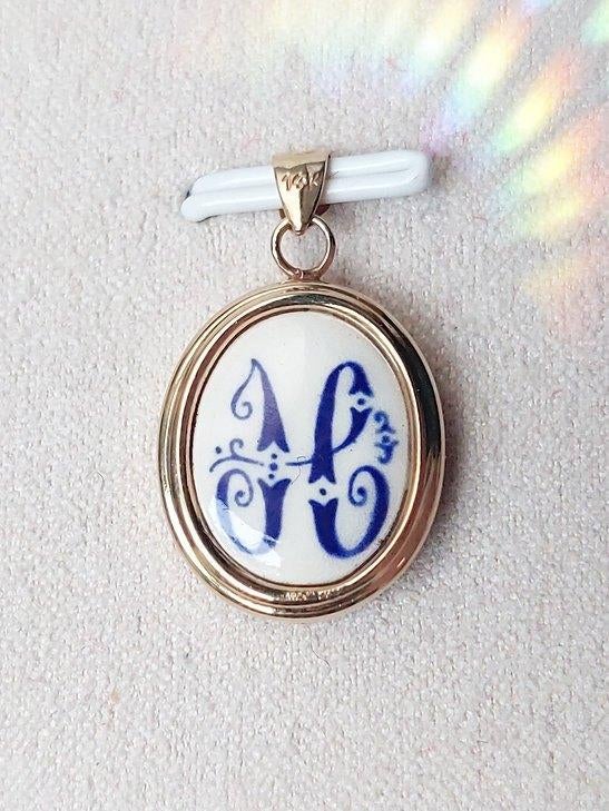 Vintage Hanger 14k Volgoud met Limoges - H, Neuf, Enlèvement ou Envoi, Or, Or