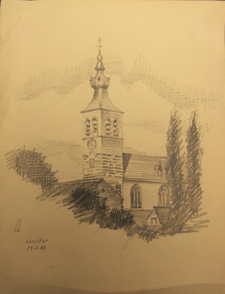 Tekening L. Boschmans - Werchter St..Jan Baptistkerk, Antiek en Kunst, Ophalen of Verzenden