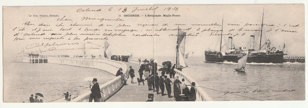 Ostende L'Estacade Malle-Poste Carte double panoramique 1908, Envoi, Avant 1920, Affranchie, Flandre Occidentale