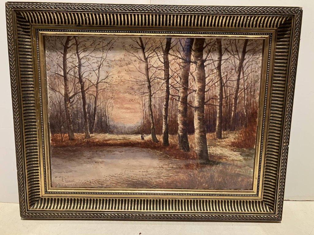 étang et sous bois, huile sur panneau 19 éme signé Lecourt, Antiquités & Art, Enlèvement ou Envoi