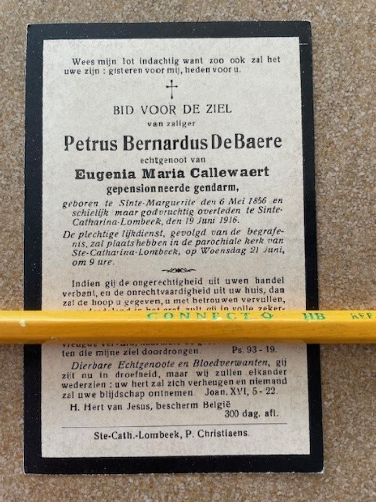 Gendarm/Rijskwachter Dhr Petrus De Baere  Sinte-Margriete, Ophalen of Verzenden, Bidprentje