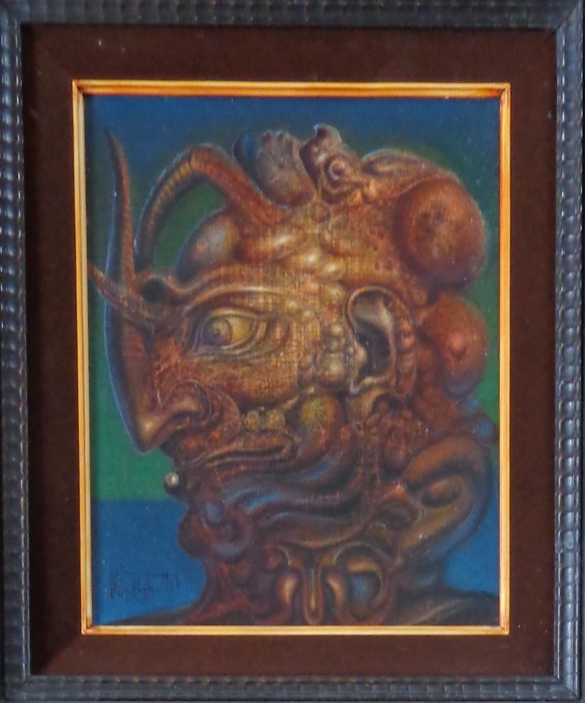 ROGER VAN BELLEGHEM / MYTISCH WEZEN OLIEVERF PANEEL 56x50cm, Ophalen of Verzenden, Gesigneerd, Olieverf