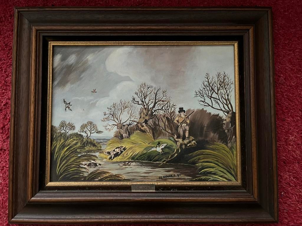 Schilderij op doek Jachttafereel met hond Olga De Rouck 1990, Ophalen