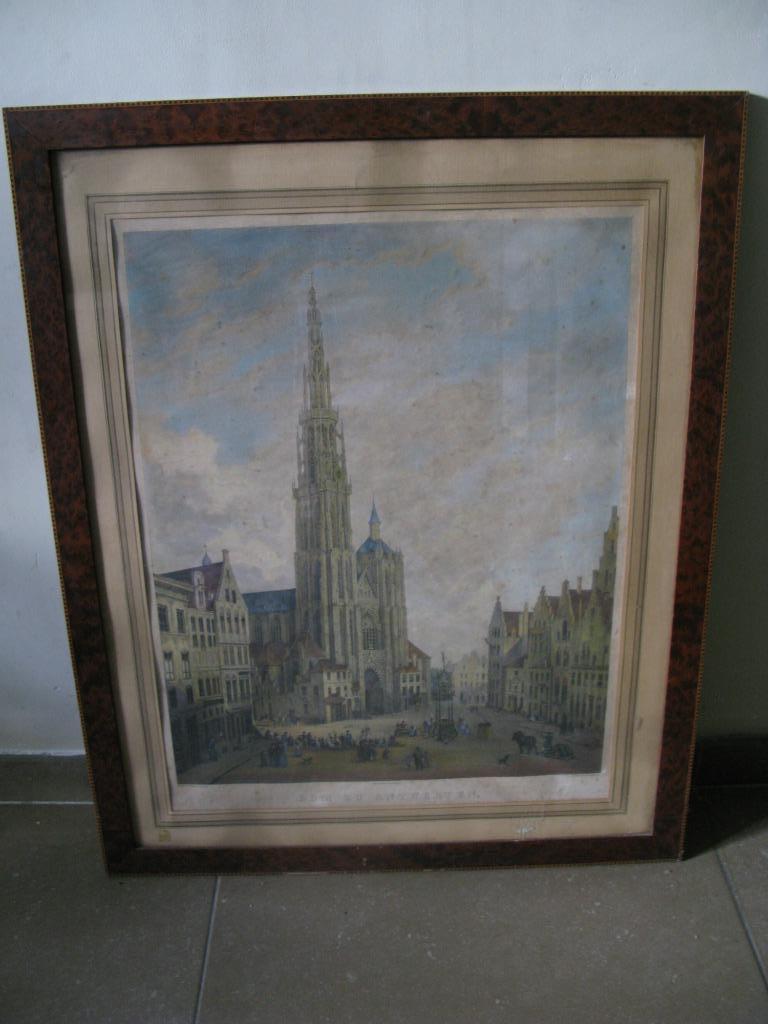 litho Kathedraal Antwerpen OLV toren vintage ingekleurd 1840, Antiek en Kunst, Ophalen of Verzenden