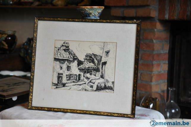 encre de chine anonyme maison de village dans cadre, Antiquités & Art