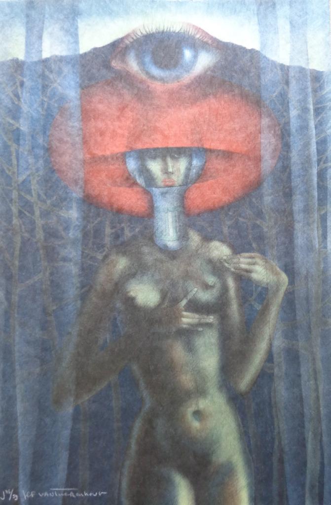 JEF VAN TUERENHOUT / KONINGIN MET OOG / ZEEFDRUK / 76x50cm, Antiek en Kunst, Kunst | Litho's en Zeefdrukken, Zeefdruk, Gesigneerd