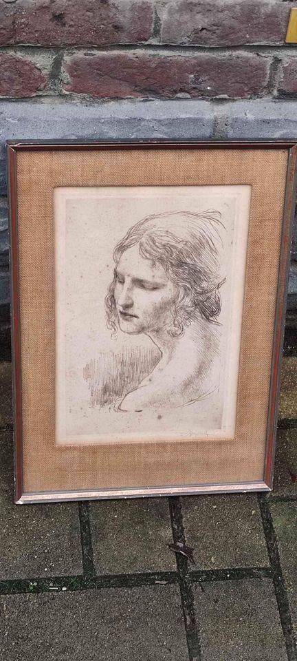 Gravure femme signe Louis buisseret, Antiquités & Art, Enlèvement ou Envoi