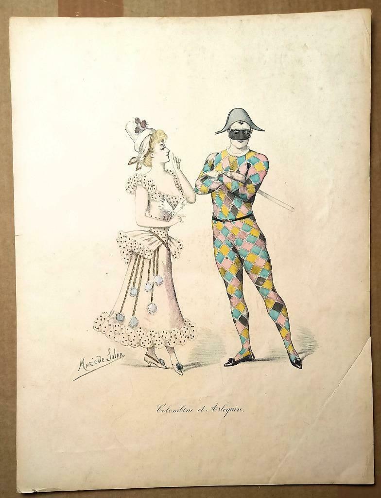 Prent Colombine et Arlequin - Harlekijn en Colombina, Antiquités & Art, Enlèvement ou Envoi