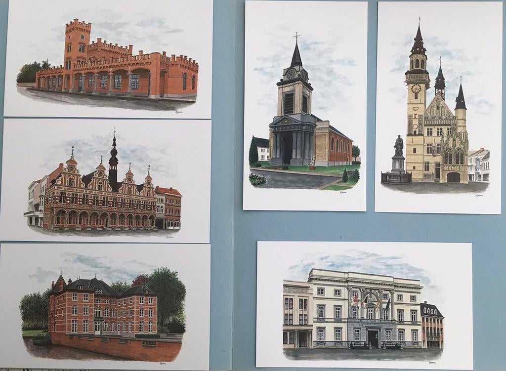 6 Aquarelprentkaarten van Aalst (180 mm x 105 mm), Verzamelen, Postkaarten | België, Ongelopen, Oost-Vlaanderen, Ophalen of Verzenden