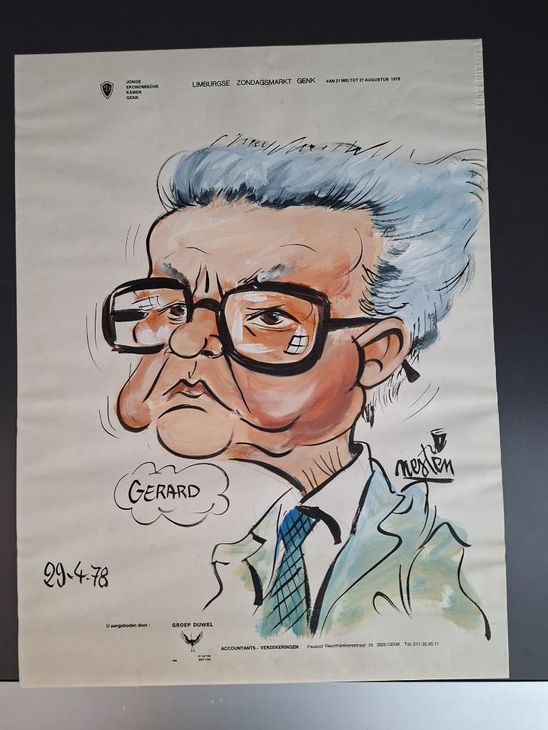 Nesten, Rik Delneste, karikatuur, origineel, geschilderd, Antiek en Kunst, Ophalen of Verzenden