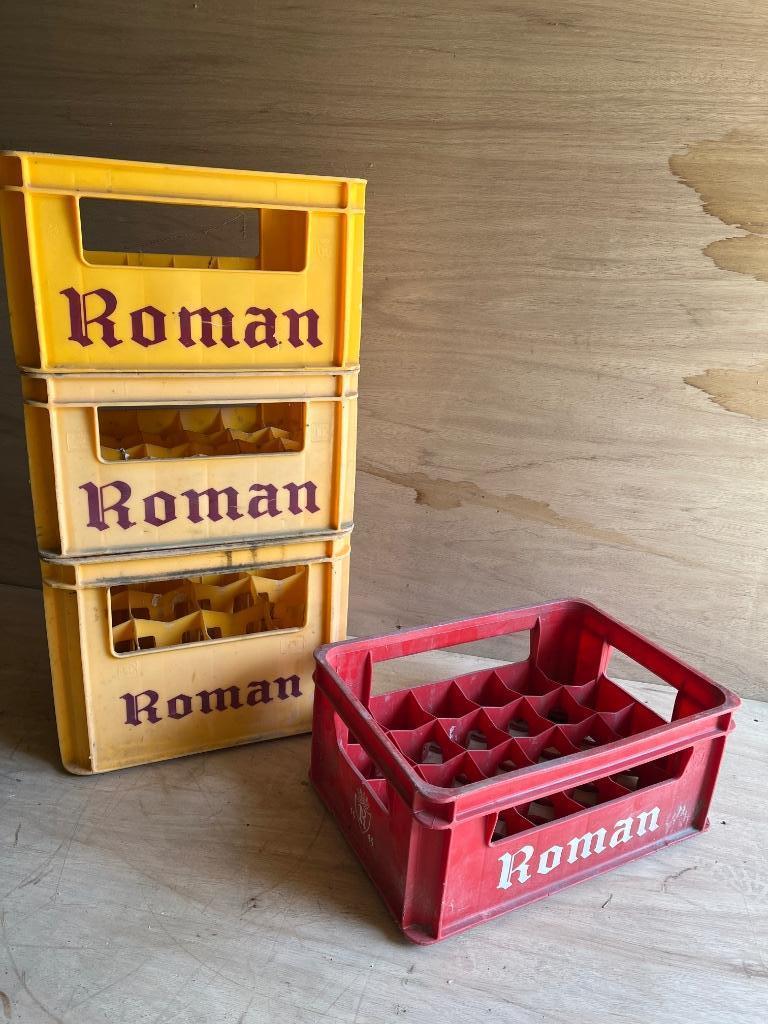 4 Vintage Bierbakken Roman, Verzamelen, Biermerken, Ophalen, Gebruikt, Flesje(s)